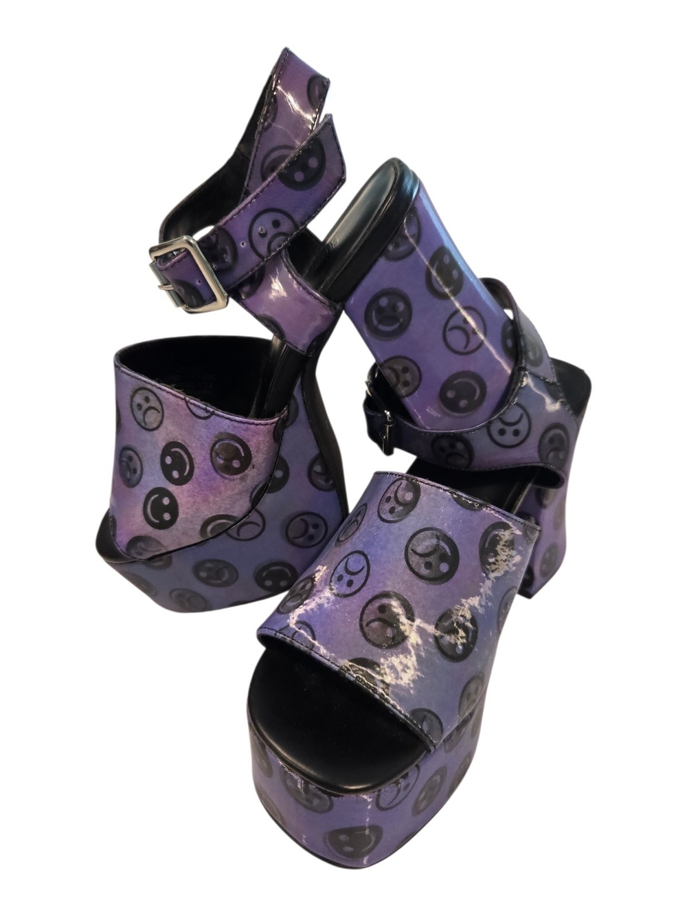 Holographic Sad Happy Face Platform Heels Purple Size 6M Womens Shoes